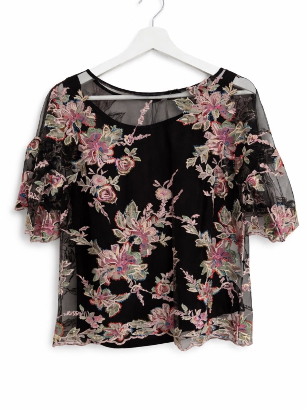 Sundance Celeste Embroidered Black Mesh Floral Blouse - Small